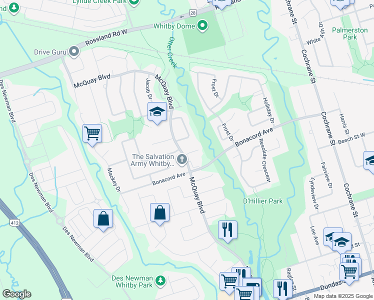 map of restaurants, bars, coffee shops, grocery stores, and more near 6 Threadgold Court in Whitby