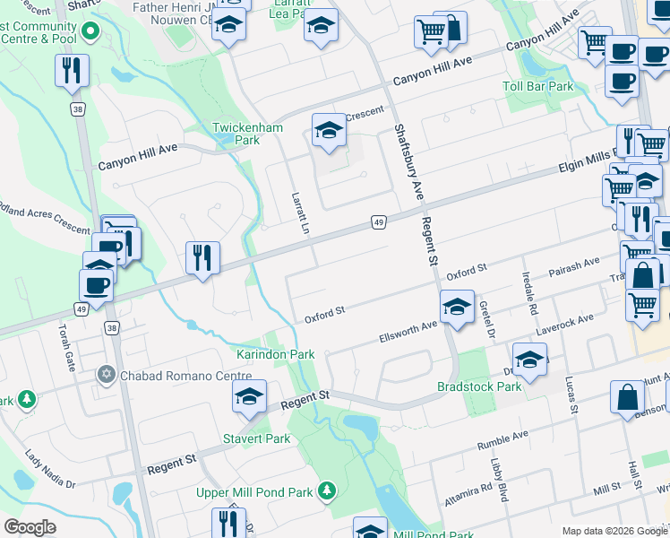 map of restaurants, bars, coffee shops, grocery stores, and more near 55 Marbrook Street in Richmond Hill