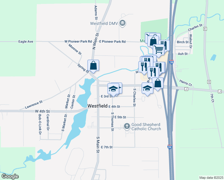 map of restaurants, bars, coffee shops, grocery stores, and more near 212 South Thomas Street in Westfield