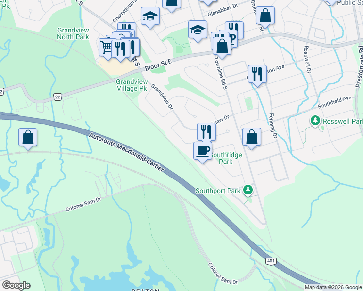 map of restaurants, bars, coffee shops, grocery stores, and more near 1109 Norman Crescent in Oshawa
