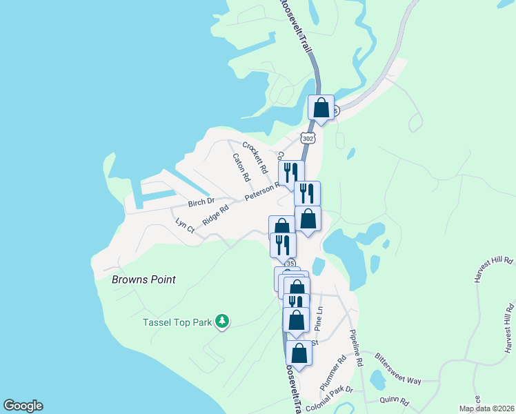 map of restaurants, bars, coffee shops, grocery stores, and more near 10 Peterson Road in Raymond