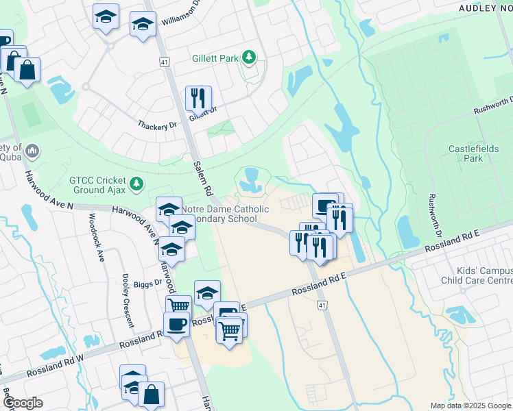 map of restaurants, bars, coffee shops, grocery stores, and more near 9 Graywardine Lane in Ajax