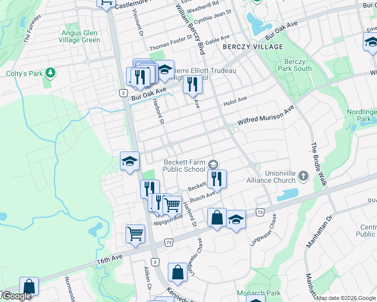 map of restaurants, bars, coffee shops, grocery stores, and more near Henry Bauer Avenue in Markham