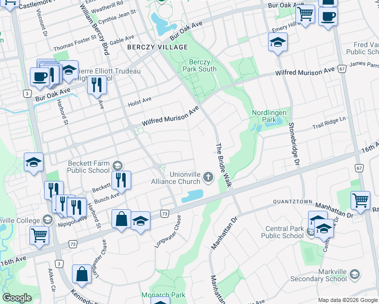 map of restaurants, bars, coffee shops, grocery stores, and more near 88 William Bartlett Drive in Markham