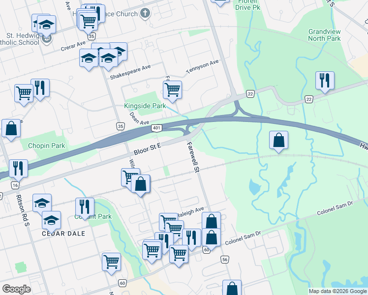 map of restaurants, bars, coffee shops, grocery stores, and more near in Oshawa