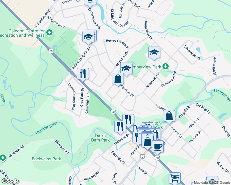 map of restaurants, bars, coffee shops, grocery stores, and more near 35 Wright Crescent in Bolton