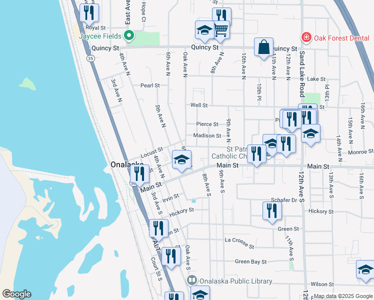 map of restaurants, bars, coffee shops, grocery stores, and more near 361 Oak Avenue North in Onalaska
