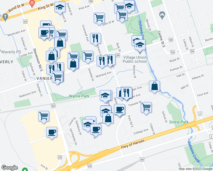 map of restaurants, bars, coffee shops, grocery stores, and more near 507 Grenfell Street in Oshawa