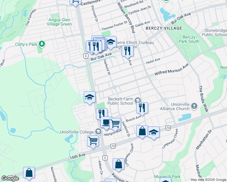 map of restaurants, bars, coffee shops, grocery stores, and more near 158 Harbord Street in Markham