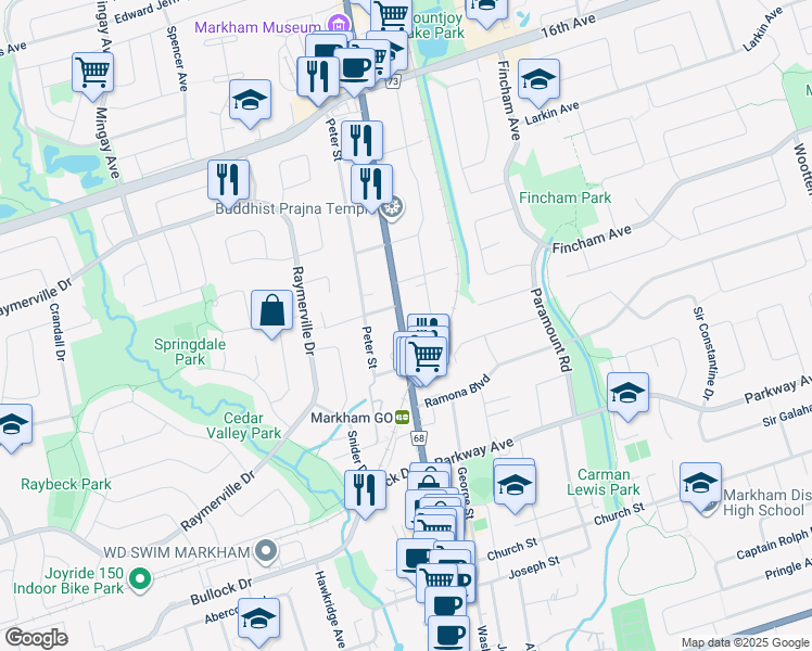 map of restaurants, bars, coffee shops, grocery stores, and more near 251 Main Street North in Markham