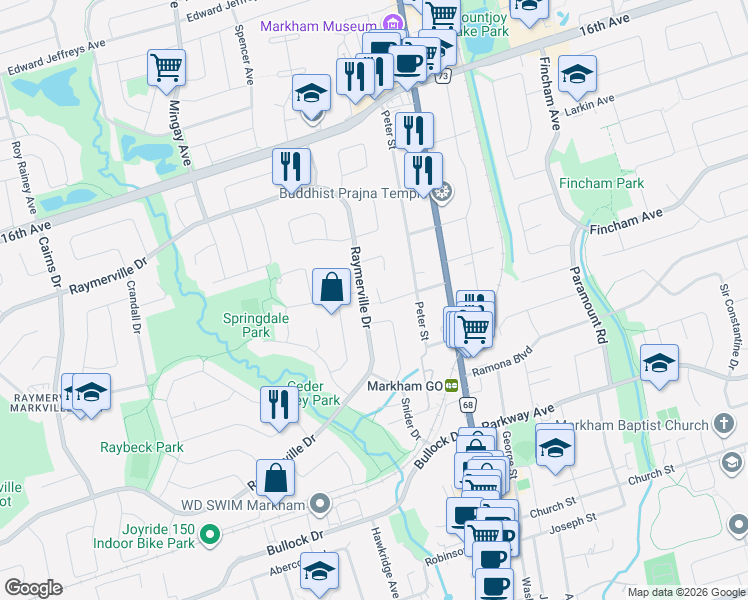 map of restaurants, bars, coffee shops, grocery stores, and more near 34 Springdale Street in Markham