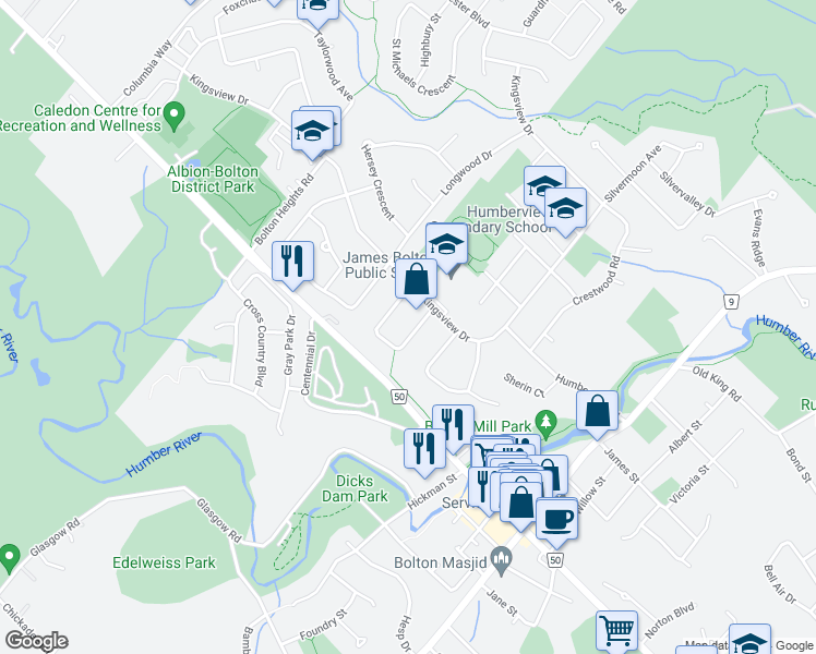 map of restaurants, bars, coffee shops, grocery stores, and more near 75 Wright Crescent in Bolton