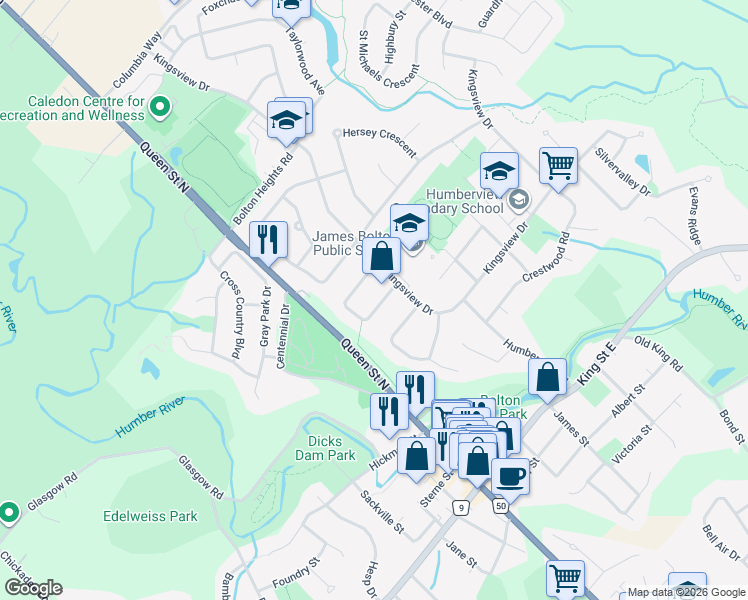 map of restaurants, bars, coffee shops, grocery stores, and more near 75 Wright Crescent in Bolton