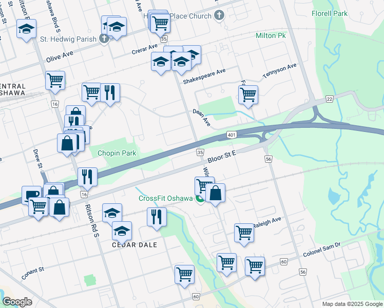 map of restaurants, bars, coffee shops, grocery stores, and more near 525 Ortono Avenue in Oshawa