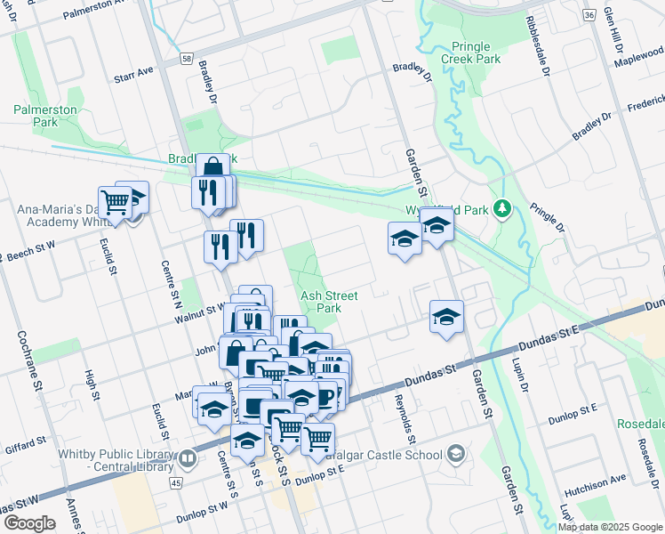 map of restaurants, bars, coffee shops, grocery stores, and more near 6 Mowat Court in Whitby