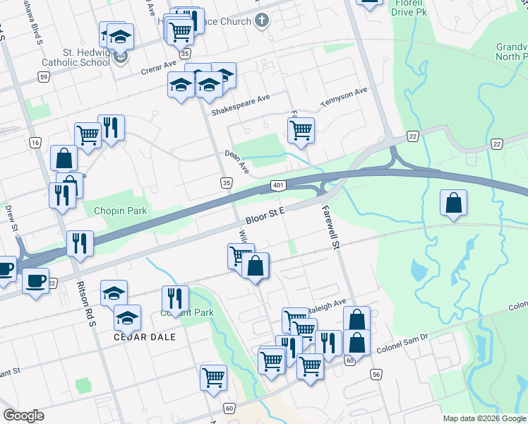 map of restaurants, bars, coffee shops, grocery stores, and more near 584 Bloor Street East in Oshawa