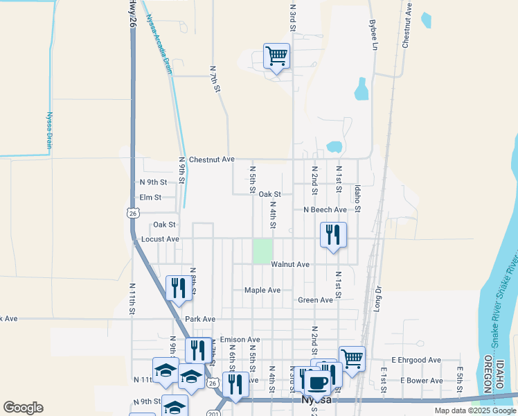 map of restaurants, bars, coffee shops, grocery stores, and more near 710 N 5th St in Nyssa