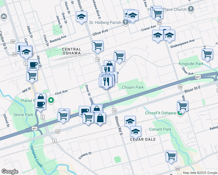 map of restaurants, bars, coffee shops, grocery stores, and more near in Oshawa