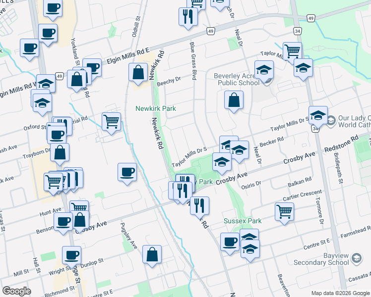map of restaurants, bars, coffee shops, grocery stores, and more near 224 Anzac Road in Richmond Hill