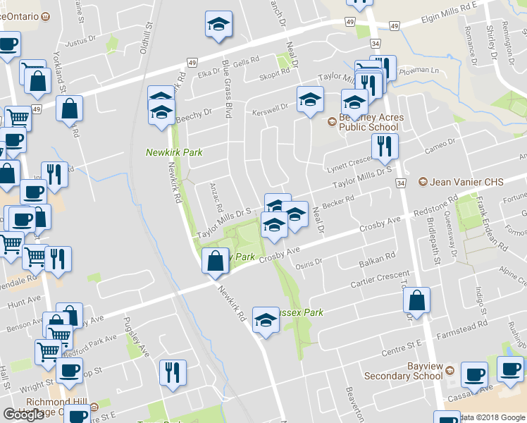 map of restaurants, bars, coffee shops, grocery stores, and more near 290 Taylor Mills Drive South in Richmond Hill