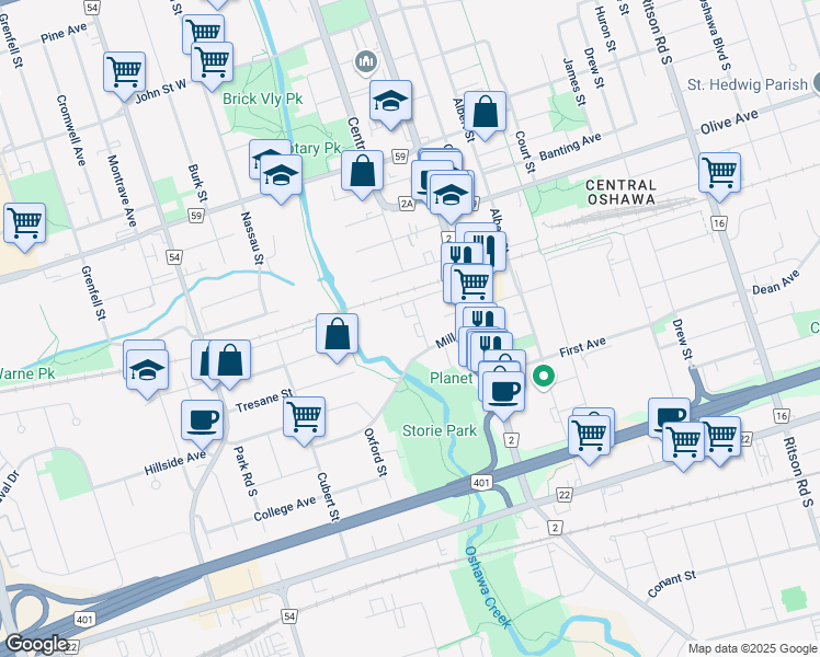 map of restaurants, bars, coffee shops, grocery stores, and more near 440 Centre Street South in Oshawa