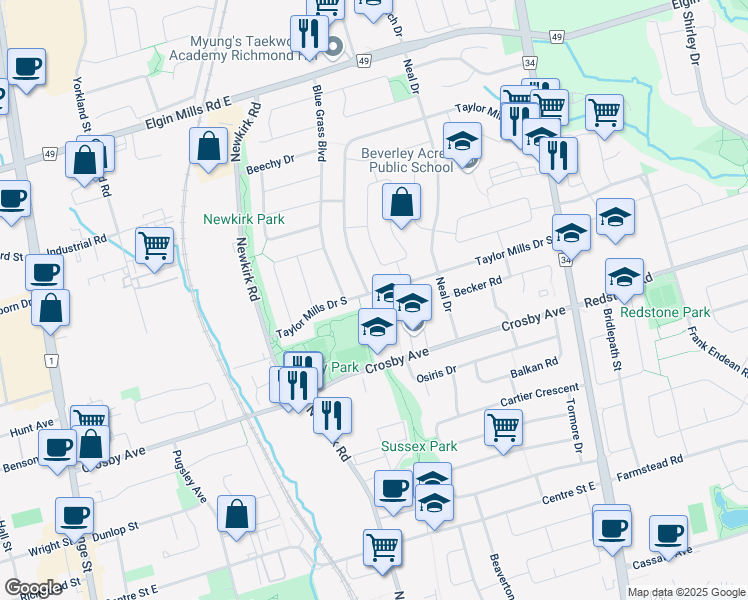 map of restaurants, bars, coffee shops, grocery stores, and more near 290 Taylor Mills Drive South in Richmond Hill