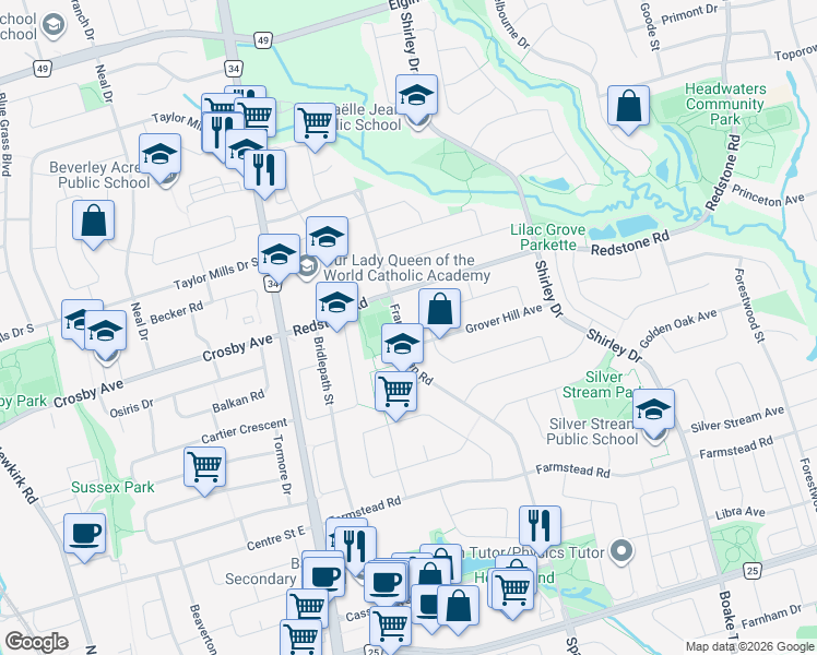 map of restaurants, bars, coffee shops, grocery stores, and more near 183 Frank Endean Road in Richmond Hill