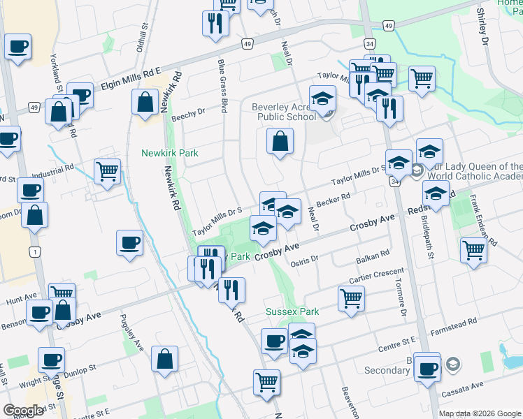 map of restaurants, bars, coffee shops, grocery stores, and more near 294 Taylor Mills Drive South in Richmond Hill