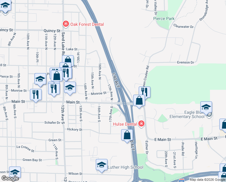 map of restaurants, bars, coffee shops, grocery stores, and more near 136 17th Avenue North in Onalaska