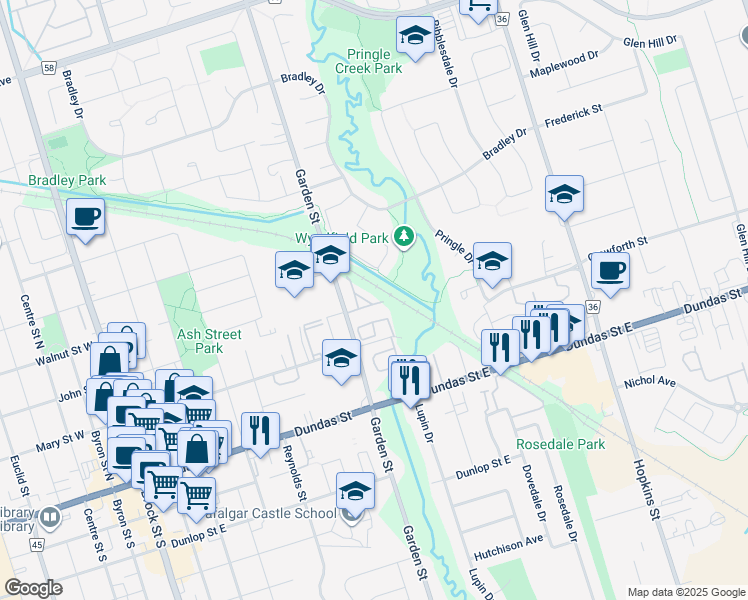 map of restaurants, bars, coffee shops, grocery stores, and more near 307 Garden Street in Whitby