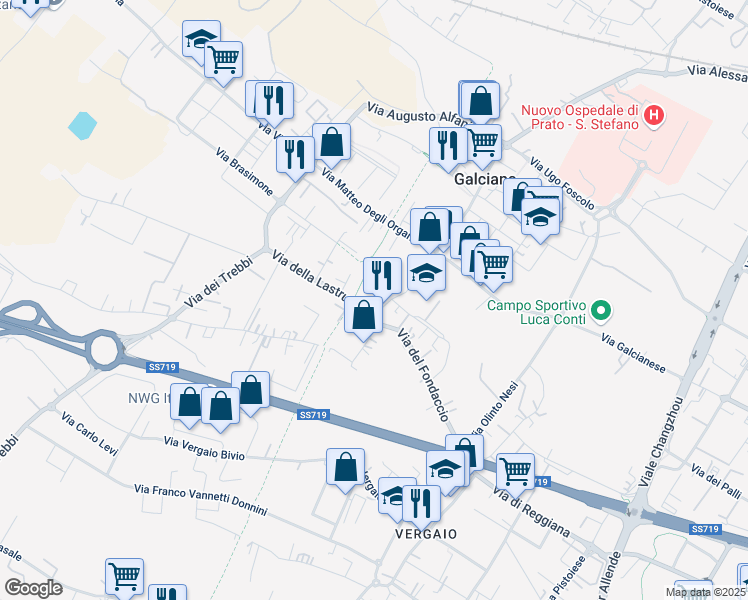 map of restaurants, bars, coffee shops, grocery stores, and more near 1 Via del Fondaccio in Prato