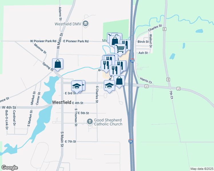 map of restaurants, bars, coffee shops, grocery stores, and more near 327 East 2nd Street in Westfield