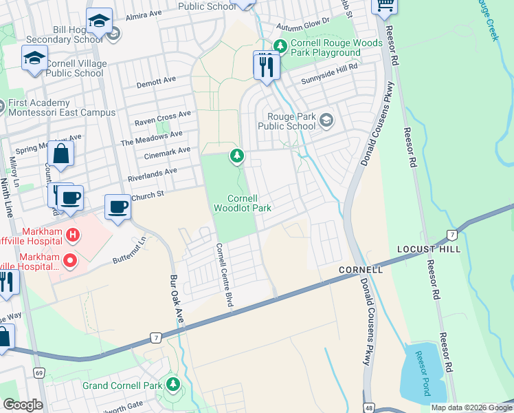 map of restaurants, bars, coffee shops, grocery stores, and more near 275 William Forster Road in Markham