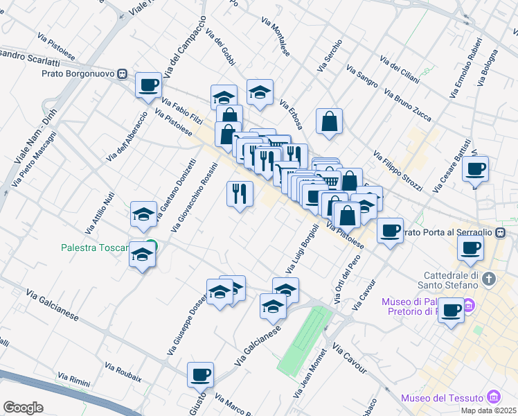 map of restaurants, bars, coffee shops, grocery stores, and more near 33 Via Giovanni Castagnoli in Prato
