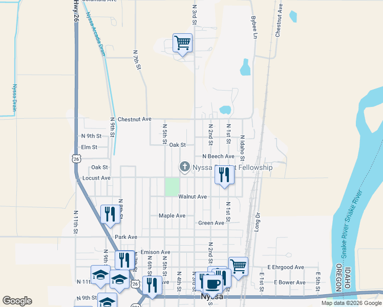 map of restaurants, bars, coffee shops, grocery stores, and more near 805 North 3rd Street in Nyssa