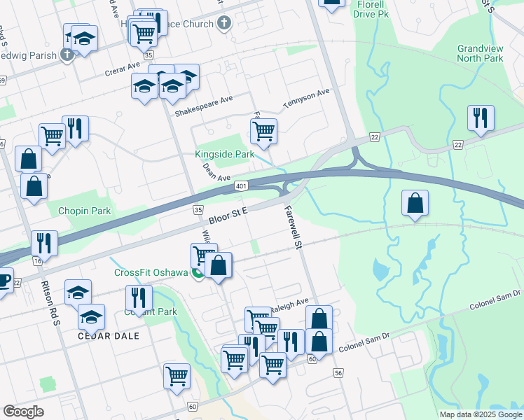 map of restaurants, bars, coffee shops, grocery stores, and more near 643 Bloor Street East in Oshawa