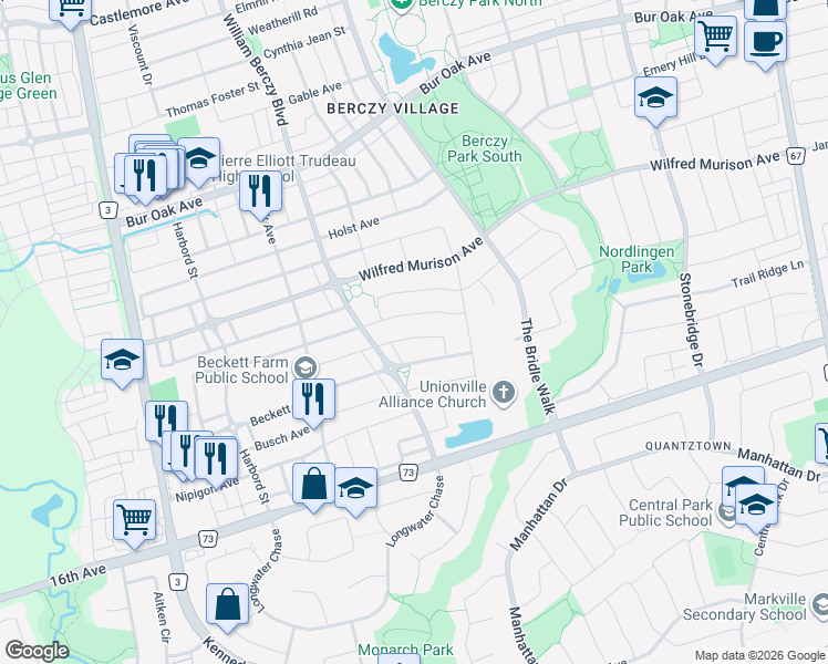 map of restaurants, bars, coffee shops, grocery stores, and more near 50 Foshan Avenue in Markham