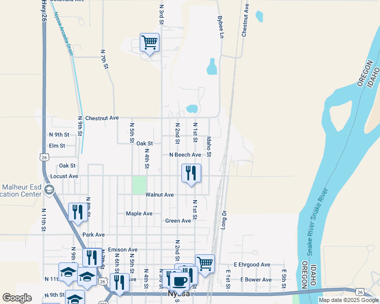 map of restaurants, bars, coffee shops, grocery stores, and more near 801 N 1st St in Nyssa