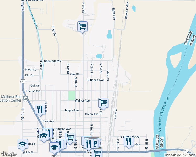 map of restaurants, bars, coffee shops, grocery stores, and more near 801 North 1st Street in Nyssa