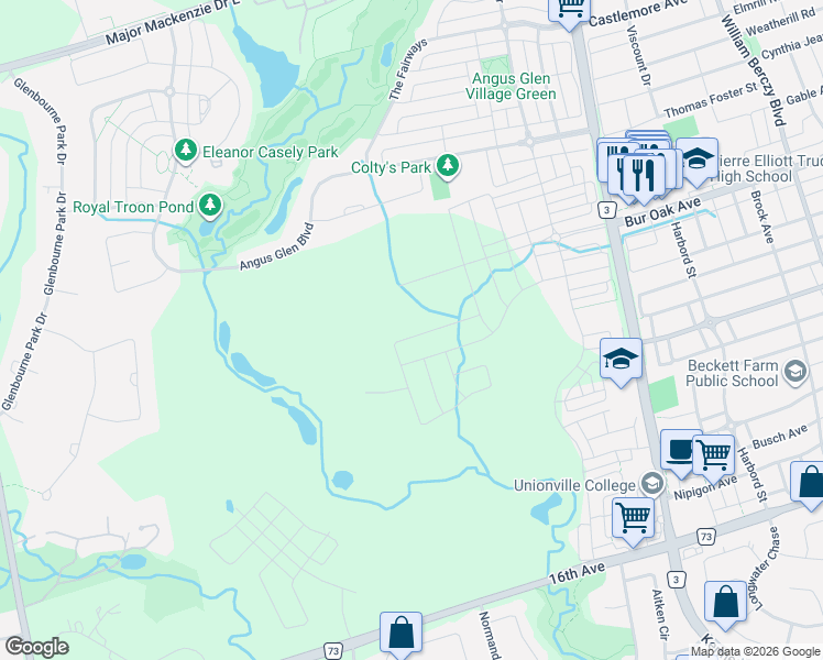 map of restaurants, bars, coffee shops, grocery stores, and more near 34 Nanhai Avenue in Markham