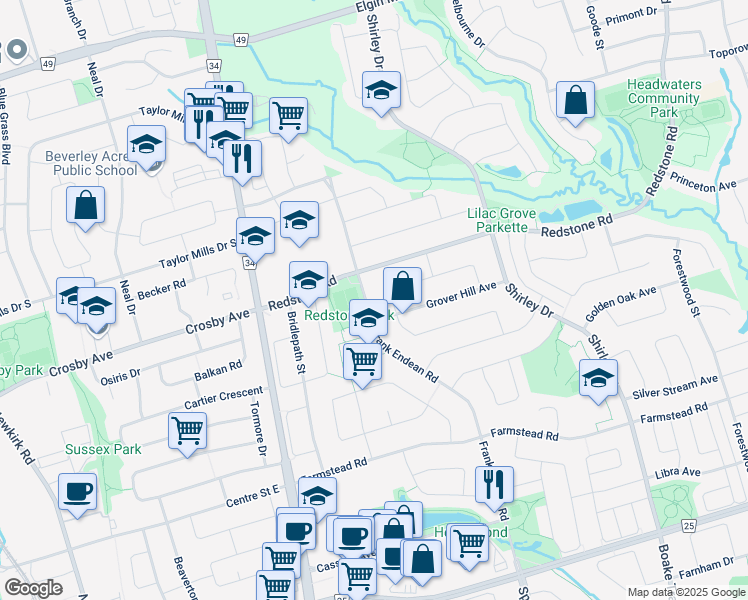 map of restaurants, bars, coffee shops, grocery stores, and more near 185 Frank Endean Road in Richmond Hill