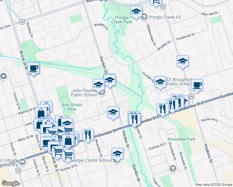 map of restaurants, bars, coffee shops, grocery stores, and more near 301 Garden Street in Whitby