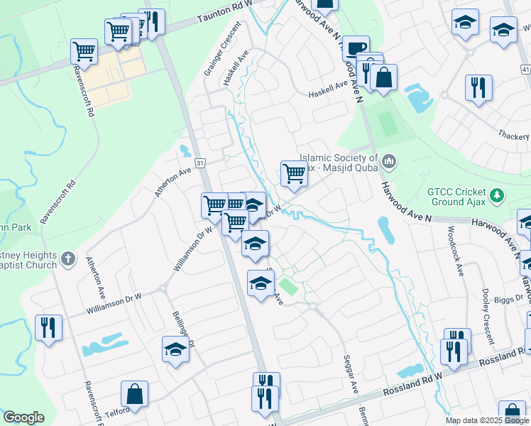 map of restaurants, bars, coffee shops, grocery stores, and more near 59 Williamson Drive West in Ajax