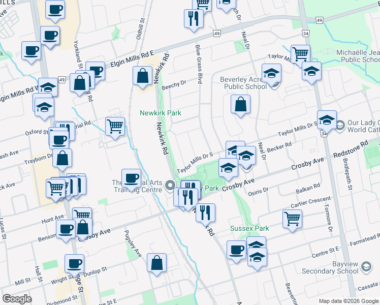 map of restaurants, bars, coffee shops, grocery stores, and more near 228 Anzac Road in Richmond Hill