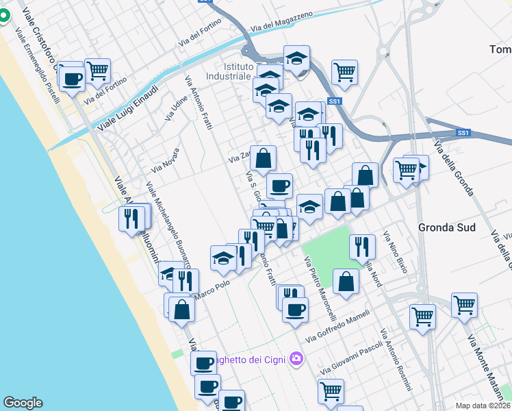 map of restaurants, bars, coffee shops, grocery stores, and more near 22 Via Pier Luigi da Palestrina in Viareggio