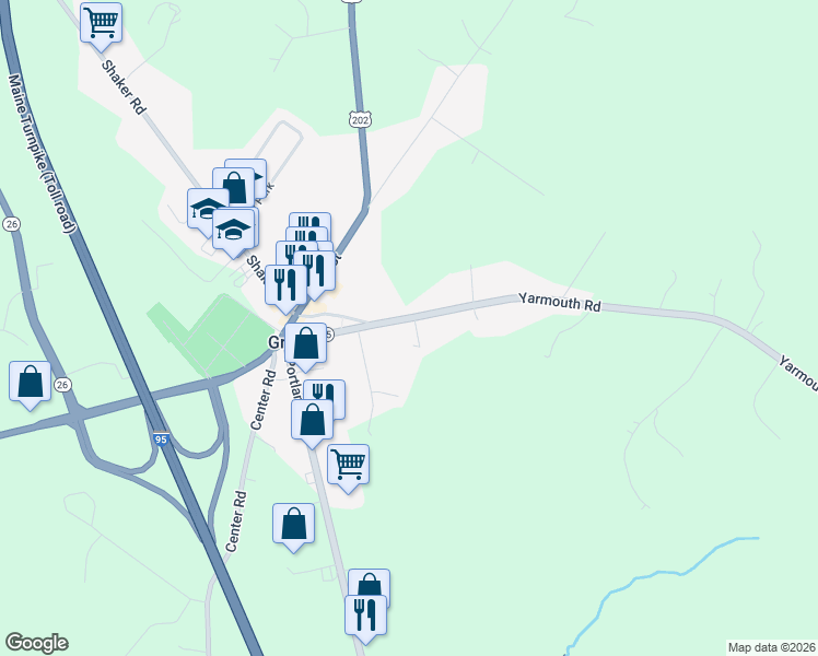 map of restaurants, bars, coffee shops, grocery stores, and more near 26 Yarmouth Road in Gray