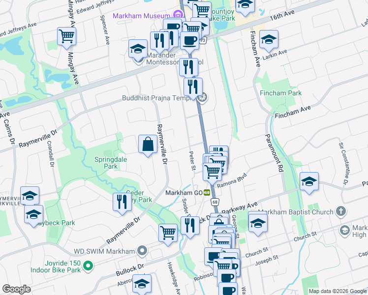 map of restaurants, bars, coffee shops, grocery stores, and more near 16 Springdale Street in Markham