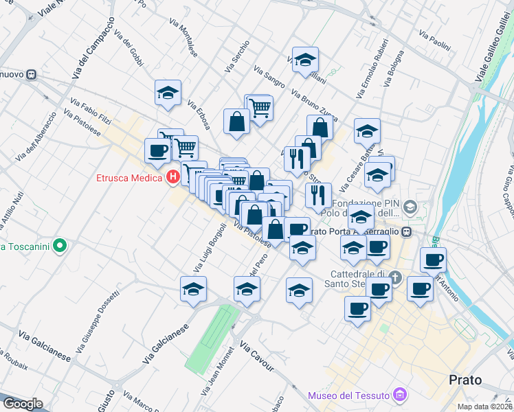 map of restaurants, bars, coffee shops, grocery stores, and more near 22 Via Fabio Filzi in Prato