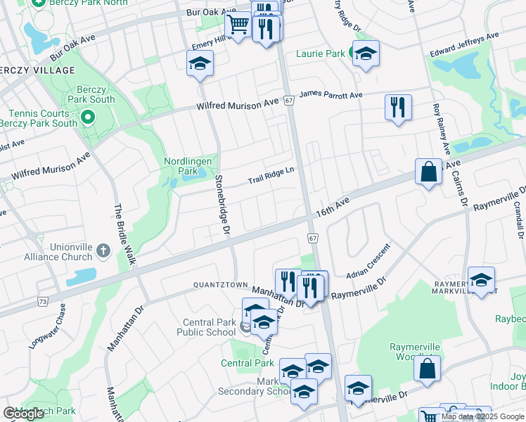 map of restaurants, bars, coffee shops, grocery stores, and more near 11 Brooksmill Lane in Markham