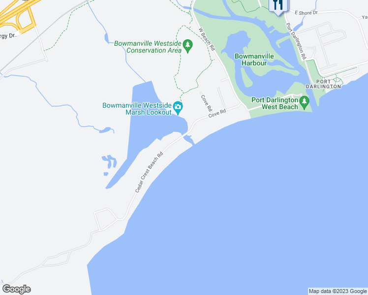 map of restaurants, bars, coffee shops, grocery stores, and more near 149 Cedar Crest Beach Road in Bowmanville